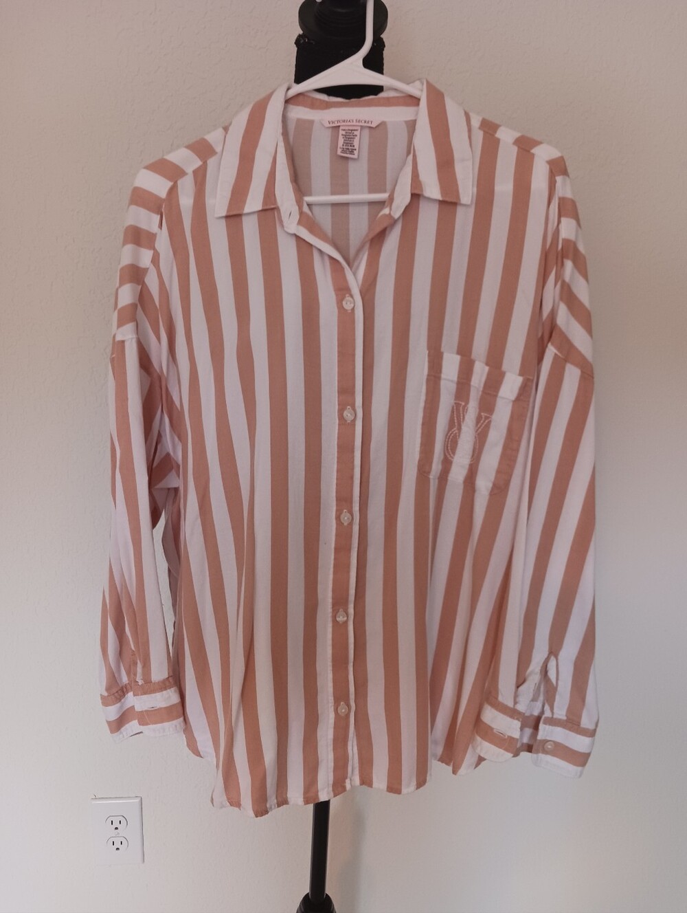 Victoria's Secret Tan Stripe Button Down Shirt Sz L EUC